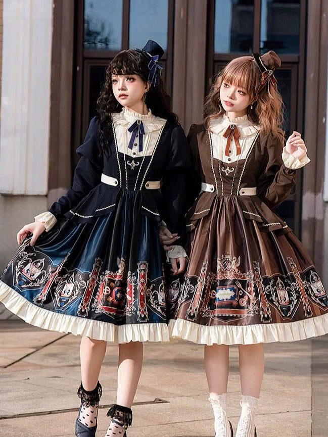 Jinmu~Chocolate Academy~Vintage Lolita OP Long Puff Sleeve Schoolgirl Lolita Dress