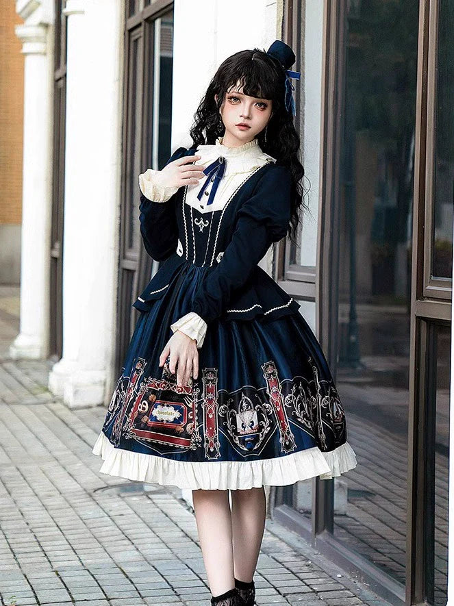 Jinmu~Chocolate Academy~Vintage Lolita OP Long Puff Sleeve Schoolgirl Lolita Dress