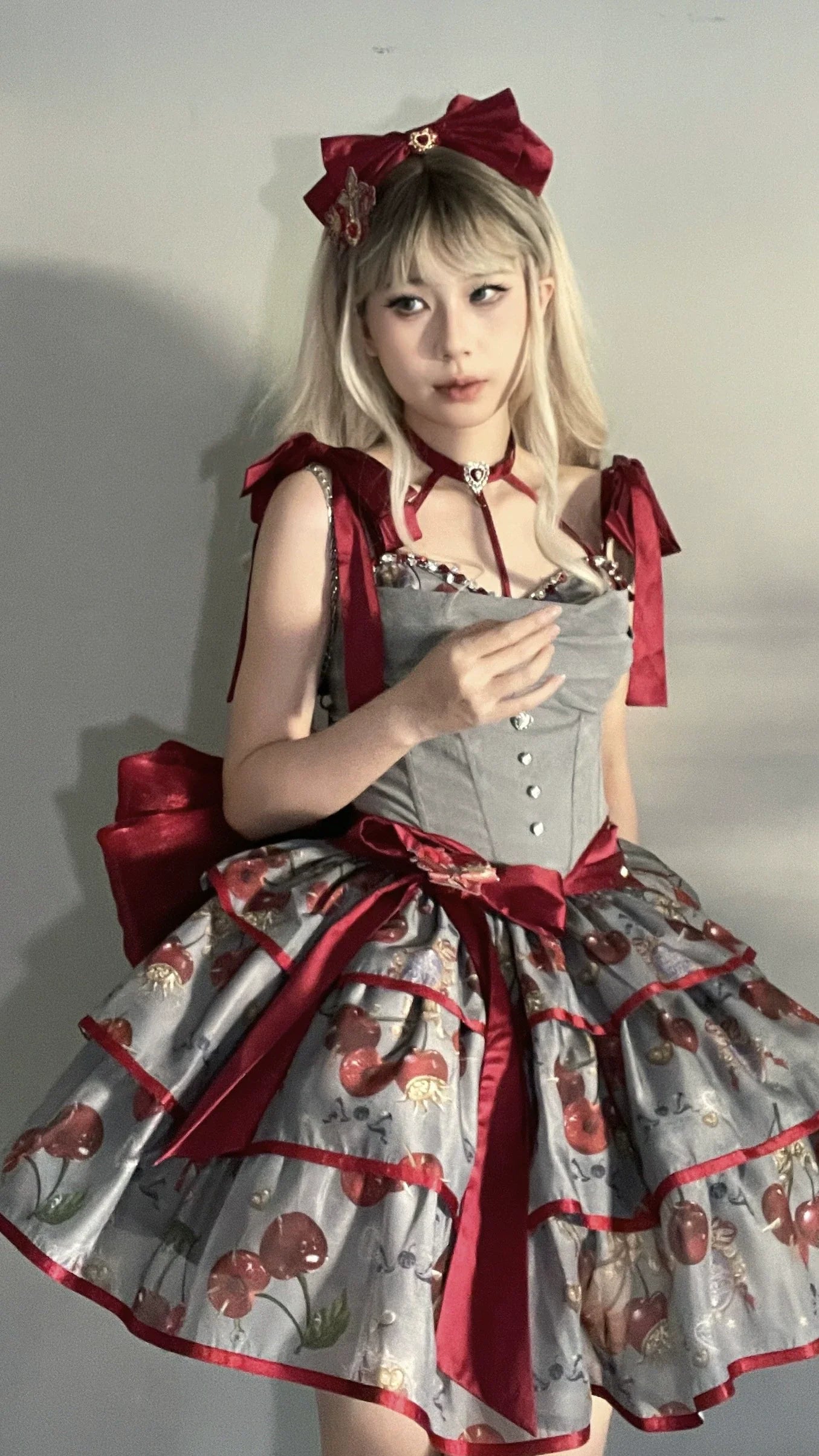 (Buy for me)Gloaming~Sweet Lolita Cherry print Short Sleeve OP and SK Set