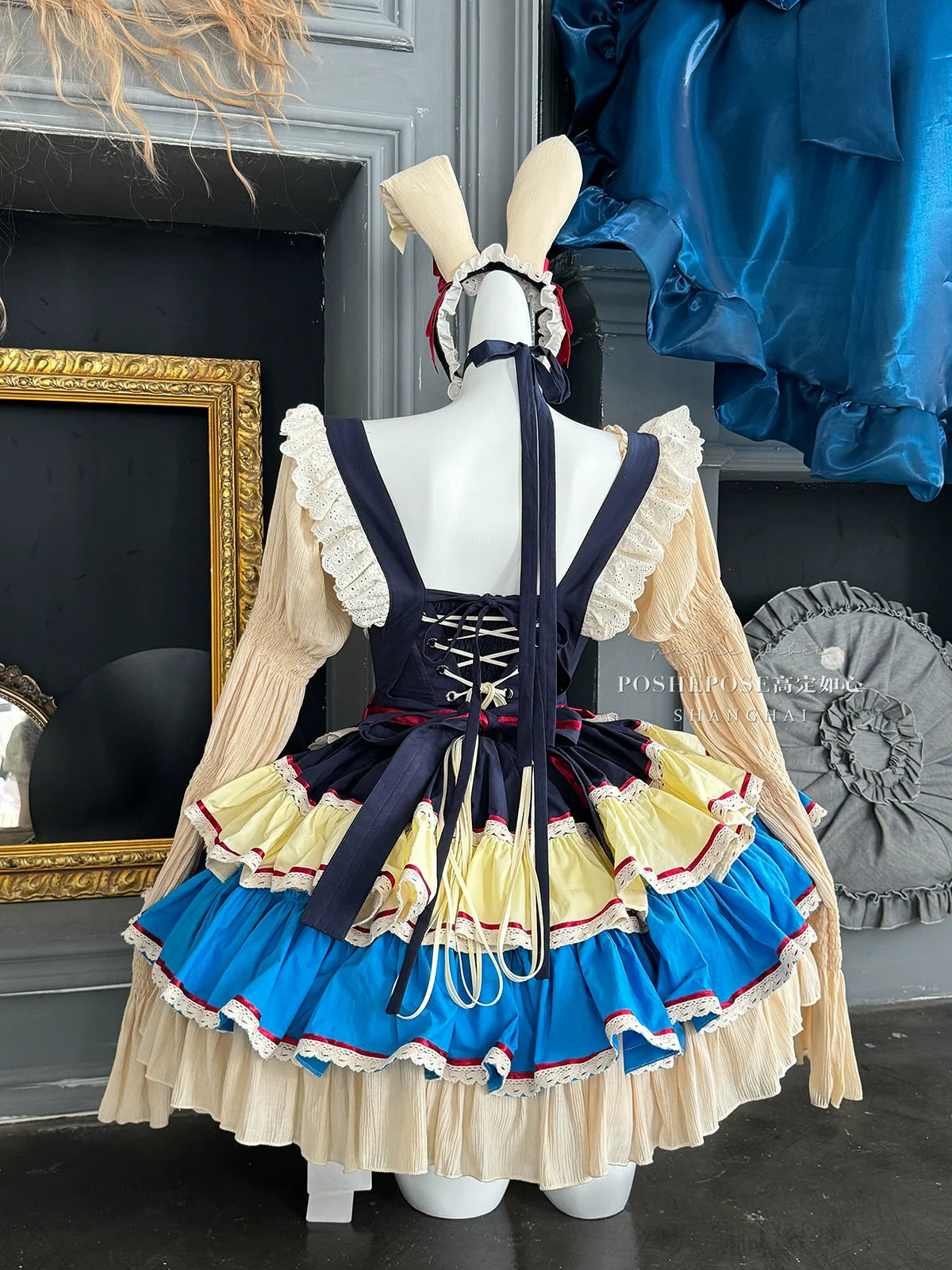 POSHEPOSE~Maid Bunny~Gorgeous Sweet Lolita OP Dress with Detachable Sleeves and Apron