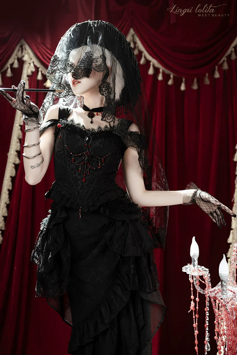 Lingxi Lolita~Lord of the Night~Gothic Lolita Skirt Suit Mermaid Skirt and Fishbone Bodice