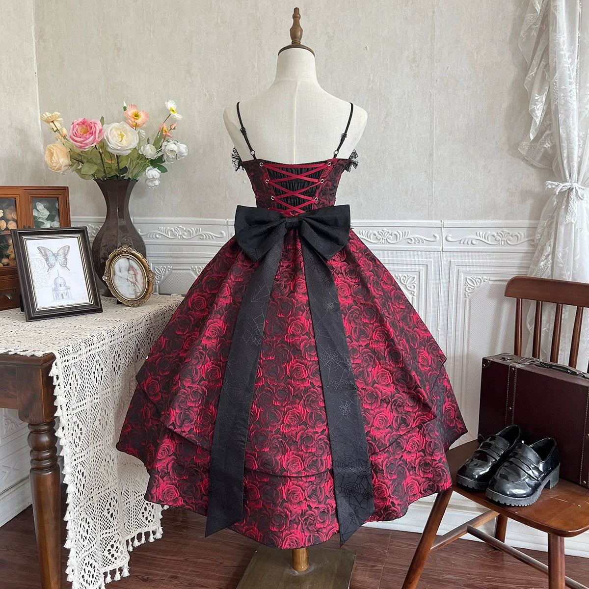Cornfield Lolita~Rose Blood~Black Red Gothic Lolita JSK Jacquard Court Dress