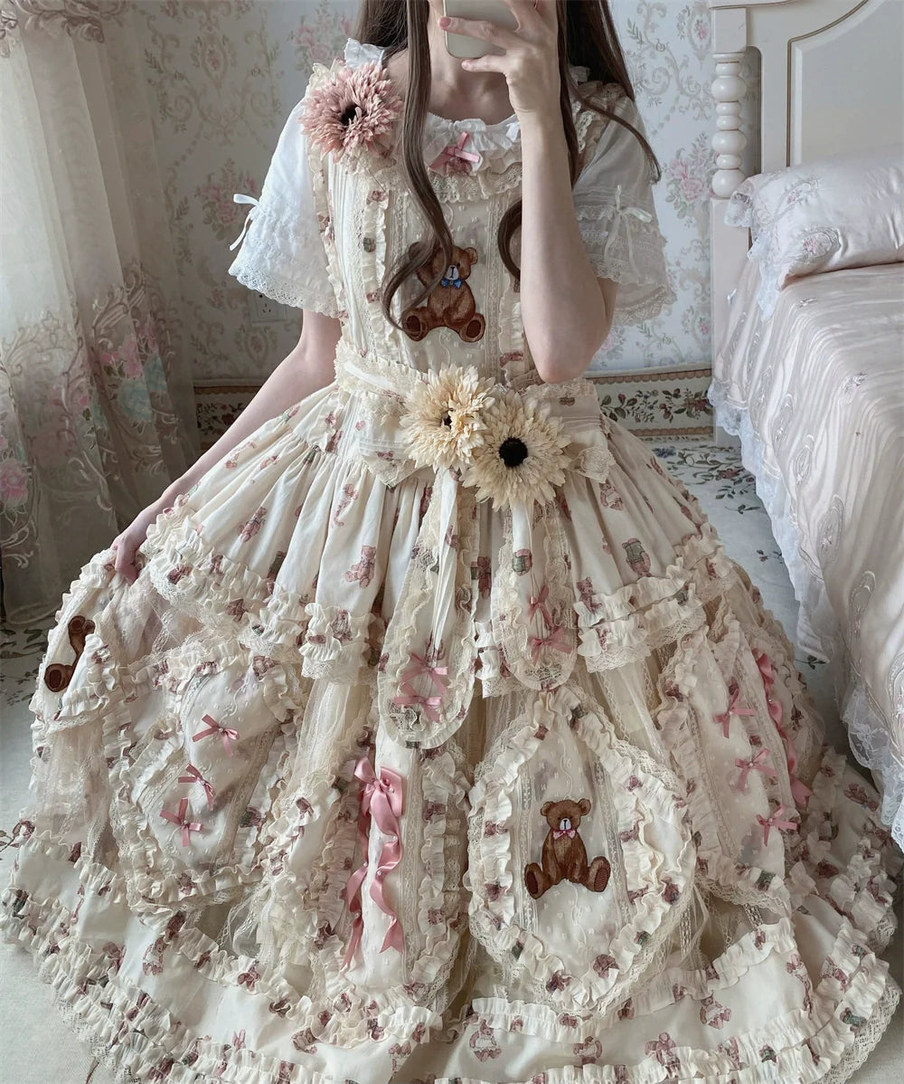 MONO GIRL~Rottengburg Bear~Sweet Lolita JSK Print Hollow-out Ruffles Dress