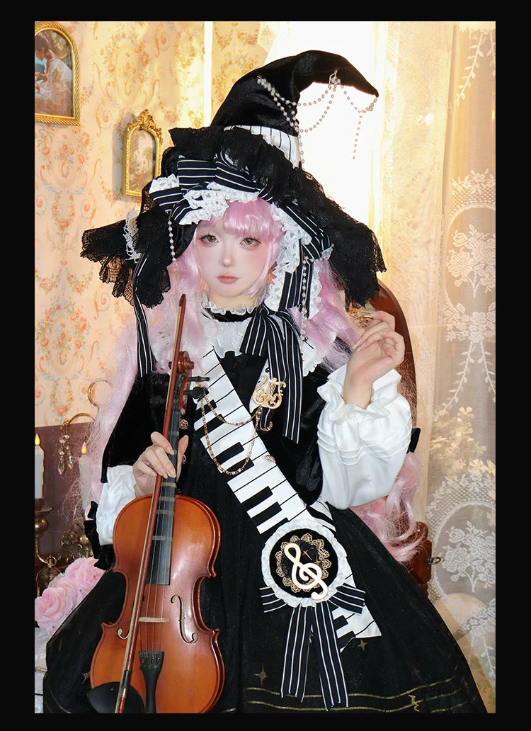 Forest Fluorescent Carps~Black and White Sonata~Ouji Lolita Vest Suit and Vintage Lolita OP Dress