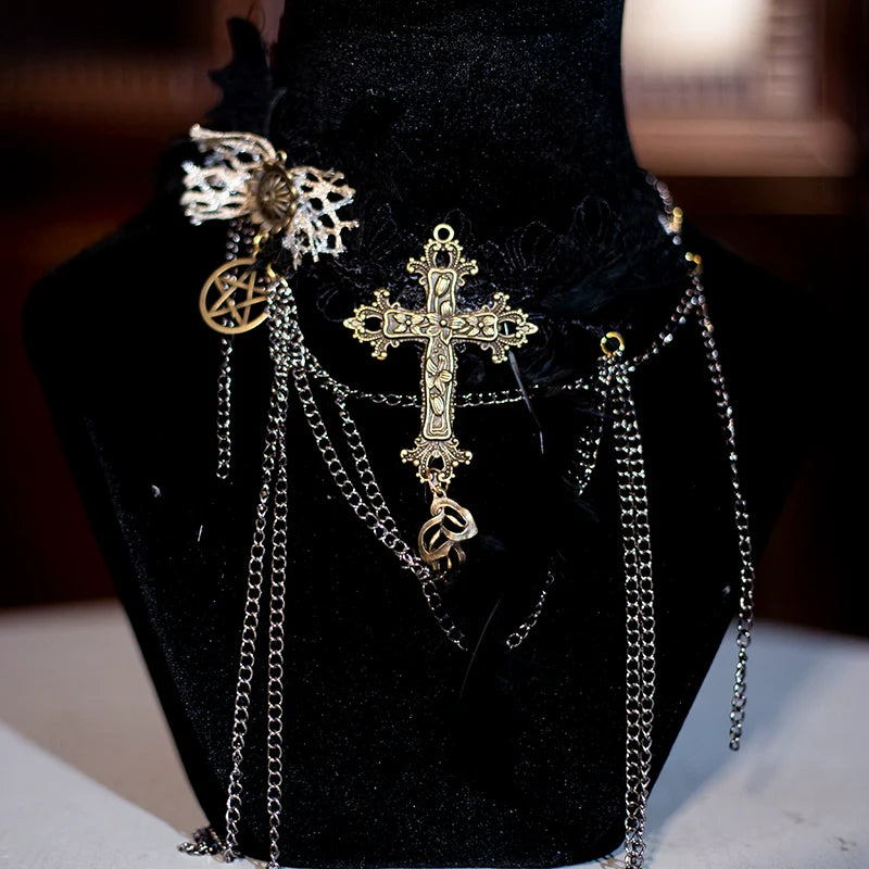 Hexagram~Halloween Gothic Lolita Widow's Hat Choker Cross Pendent