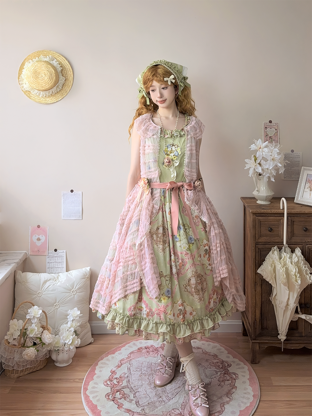 Miss Point~Cat Rose Tea~Sweet Lolita Tulle Cardigan and Long Skirt Overlay