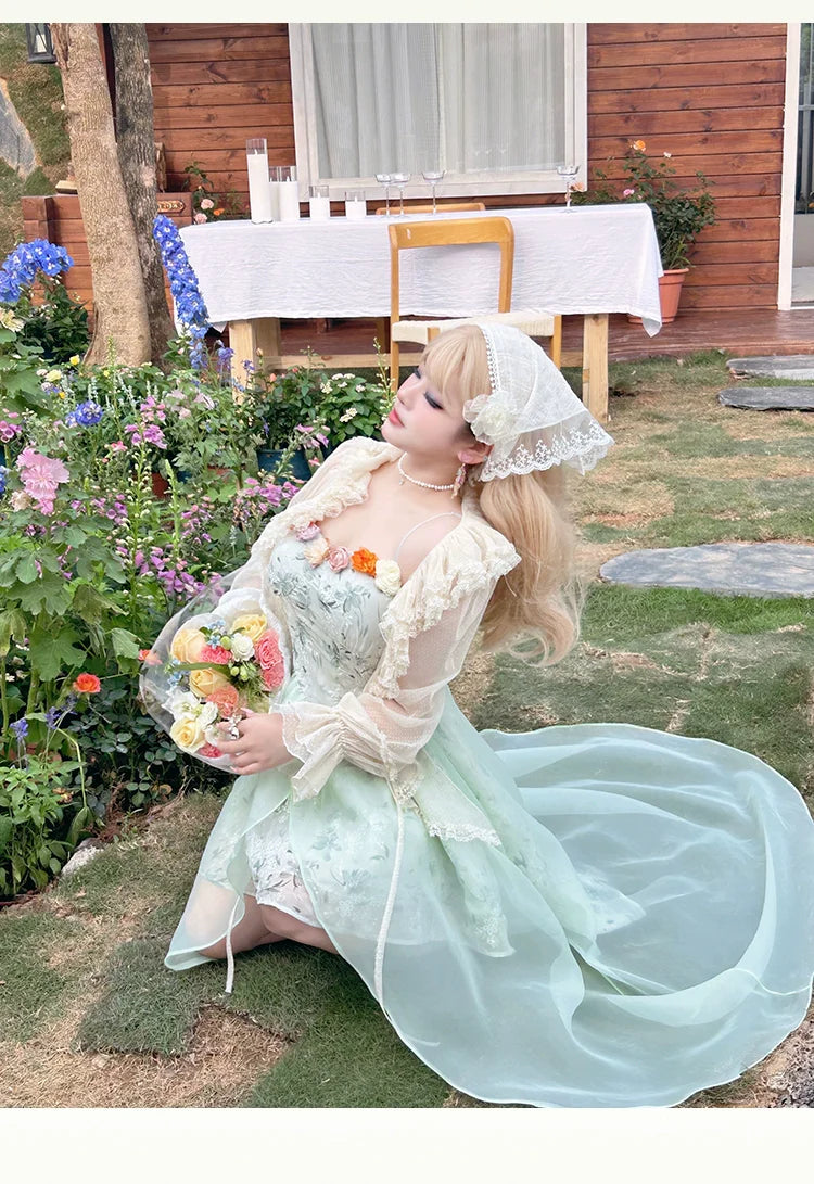 Yingtang~Plus Size Lolita JSK Dress Green Floral Lolita Dress Caidigan Set