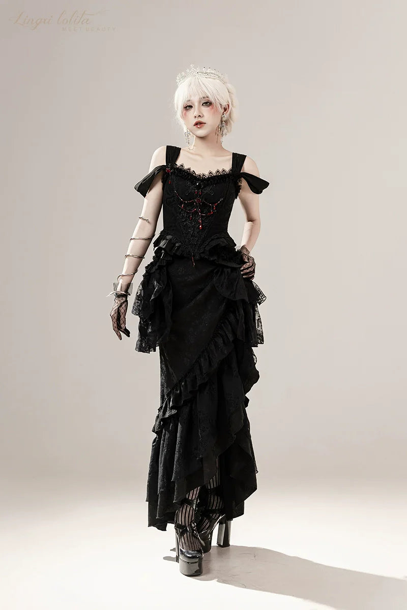 Lingxi Lolita~Lord of the Night~Gothic Lolita Skirt Suit Mermaid Skirt and Fishbone Bodice