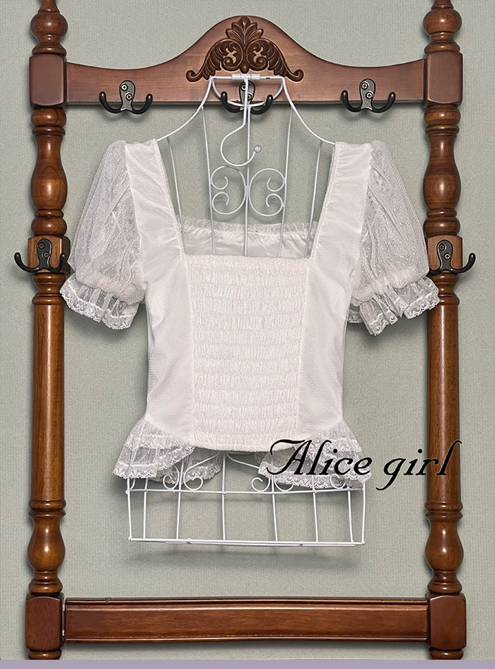 Alice girl~Yesterday Morning Mist~Classic Lolita Shirt Polka Dots Tulle Short Sleeve Blouse