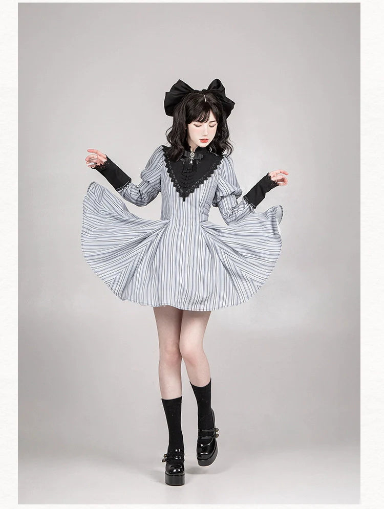 With PUJI~Nocturne SP~Striped Gothic Lolita OP Twin Lolita Dress with Apron