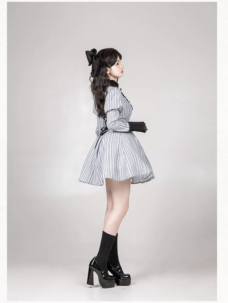 With PUJI~Nocturne SP~Striped Gothic Lolita OP Twin Lolita Dress with Apron