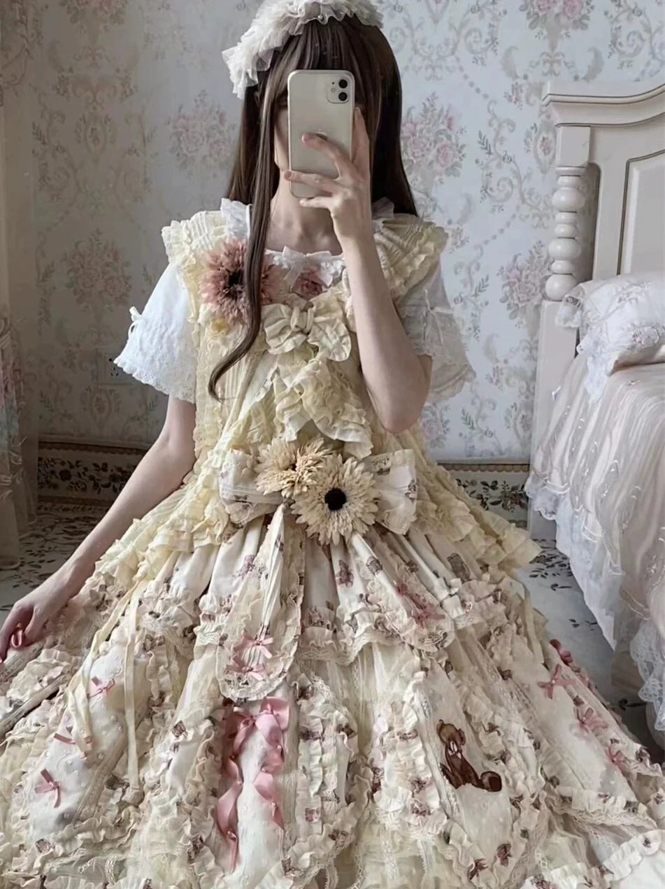 MONO GIRL~Rottengburg Bear~Sweet Lolita JSK Print Hollow-out Ruffles Dress