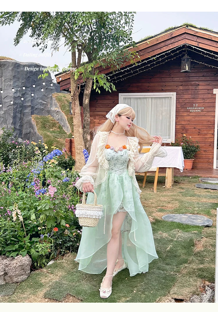Yingtang~Plus Size Lolita JSK Dress Green Floral Lolita Dress Caidigan Set
