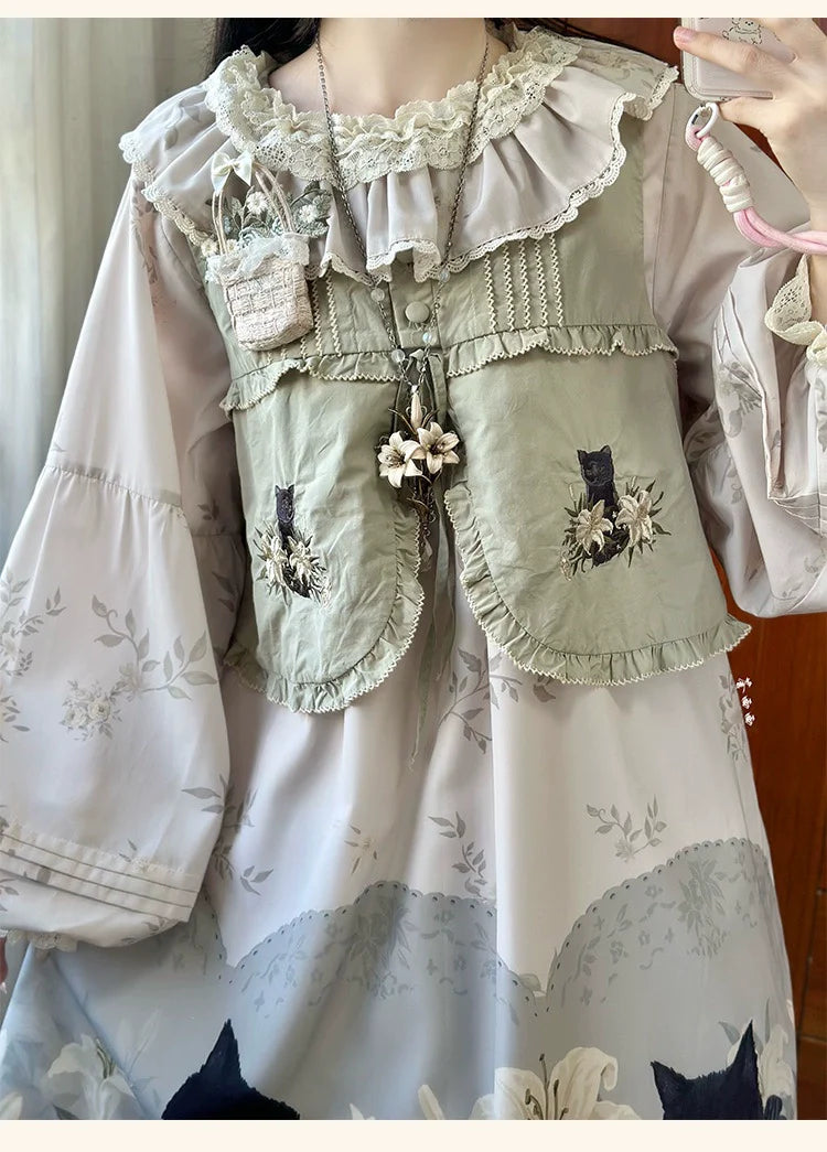 Akiyama Future Studio~Black Cat and Lily~Loose Kawaii Lolita OP Dress with Vest and Hat