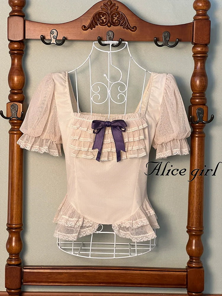 Alice girl~Yesterday Morning Mist~Classic Lolita Shirt Polka Dots Tulle Short Sleeve Blouse