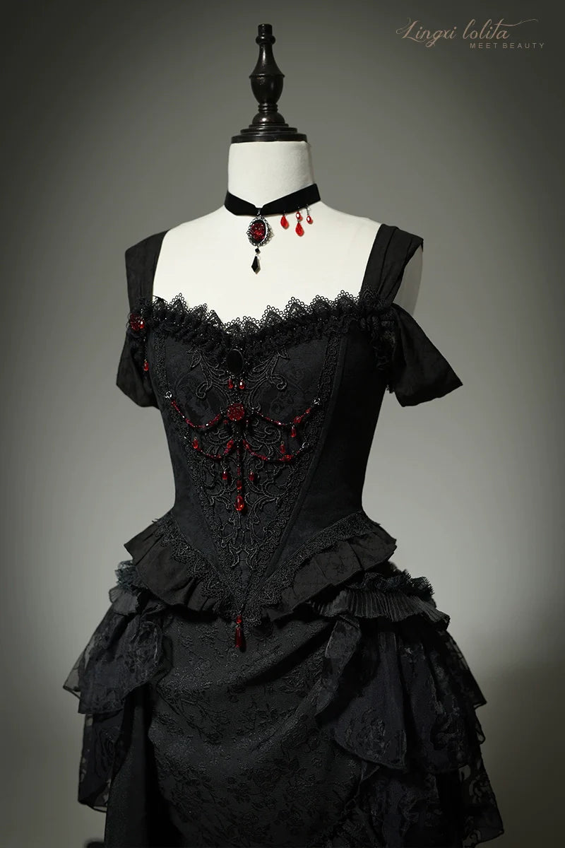 Lingxi Lolita~Lord of the Night~Gothic Lolita Skirt Suit Mermaid Skirt and Fishbone Bodice