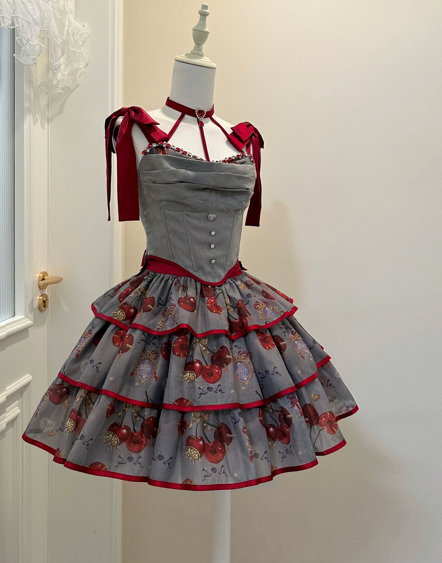 (Buy for me)Gloaming~Sweet Lolita Cherry print Short Sleeve OP and SK Set