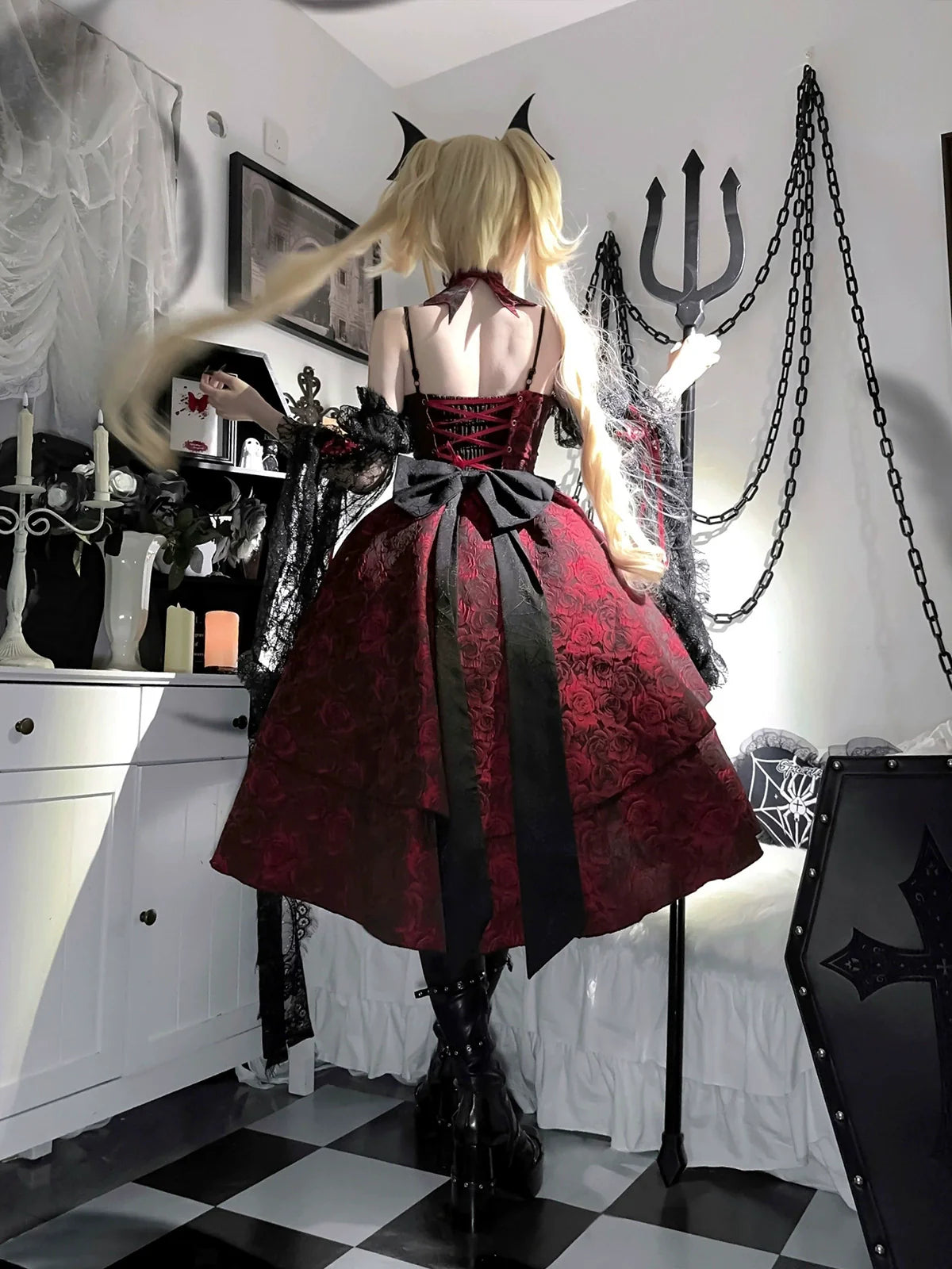 Cornfield Lolita~Rose Blood~Black Red Gothic Lolita JSK Jacquard Court Dress