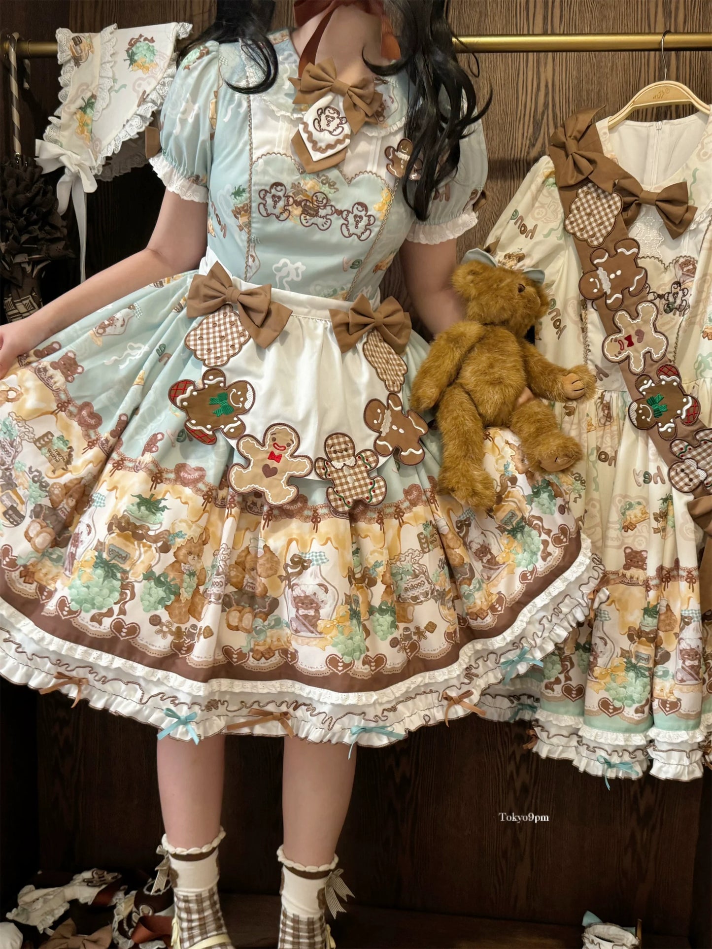 Babyblue~Little Bear Honey Jar~Kawaii Lolita Short Sleeve OP Gingerbread Man Embroidered Dress