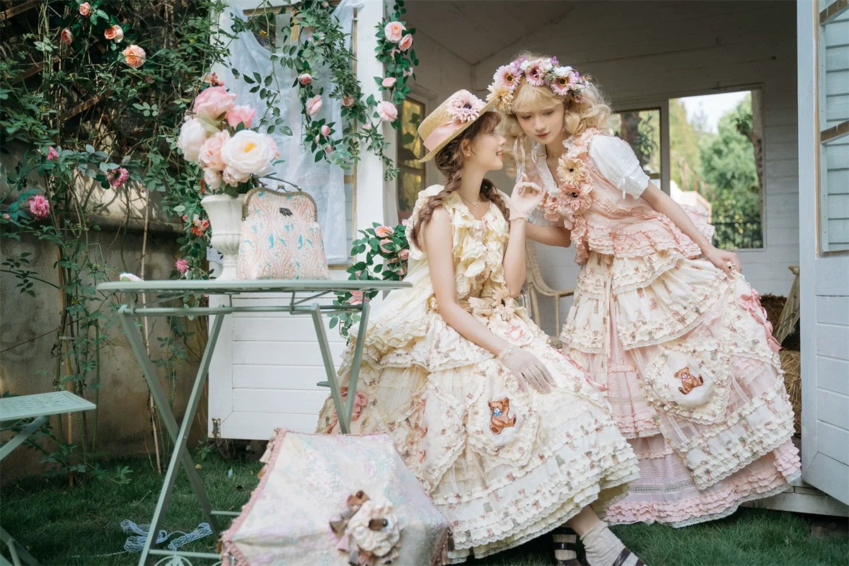 MONO GIRL~Rottengburg Bear~Sweet Lolita JSK Print Hollow-out Ruffles Dress