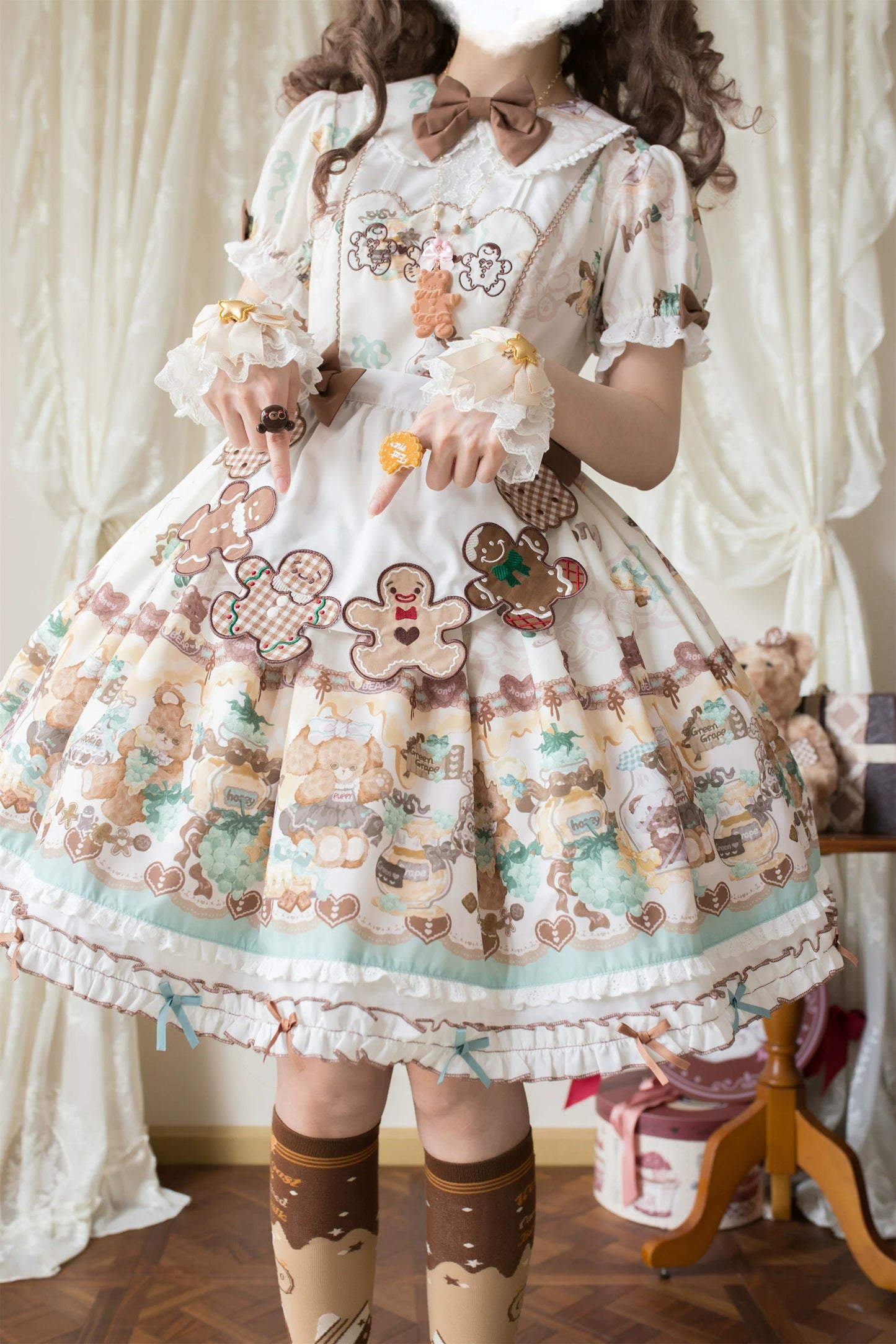 Babyblue~Little Bear Honey Jar~Kawaii Lolita Short Sleeve OP Gingerbread Man Embroidered Dress