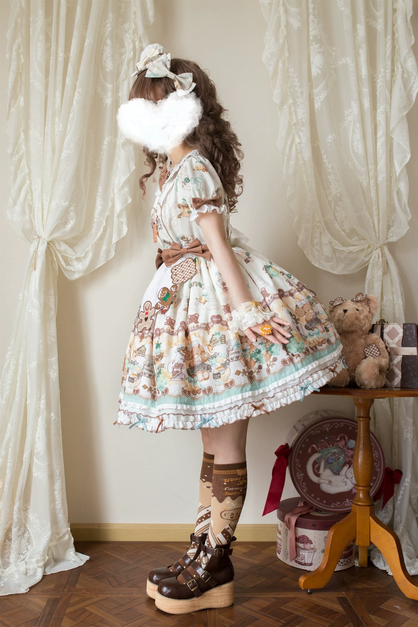 Babyblue~Little Bear Honey Jar~Kawaii Lolita Short Sleeve OP Gingerbread Man Embroidered Dress