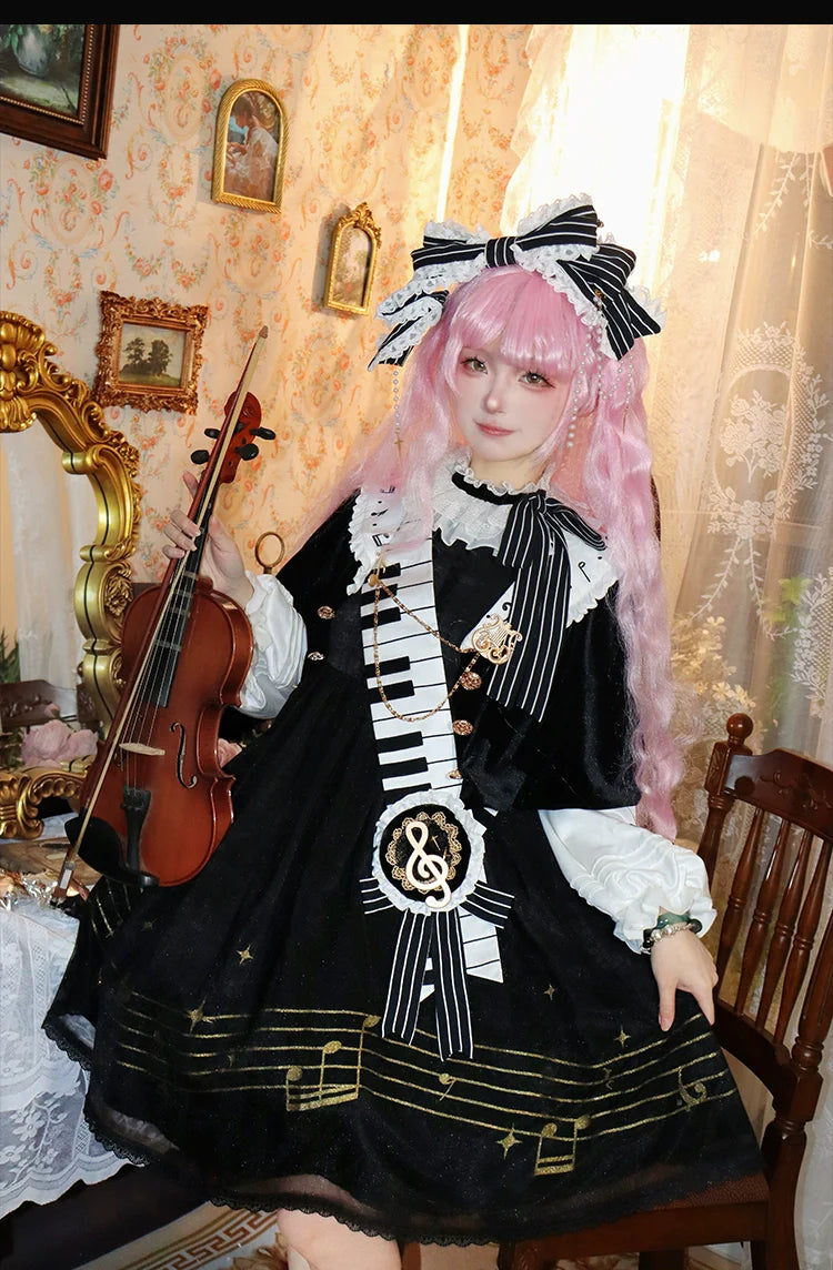 Forest Fluorescent Carps~Black and White Sonata~Ouji Lolita Vest Suit and Vintage Lolita OP Dress