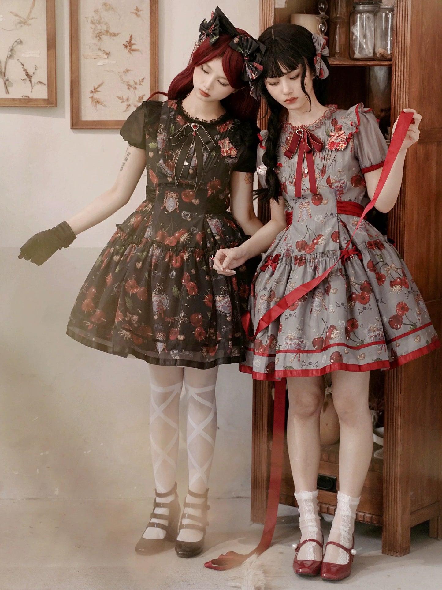 (Buy for me)Gloaming~Sweet Lolita Cherry print Short Sleeve OP and SK Set