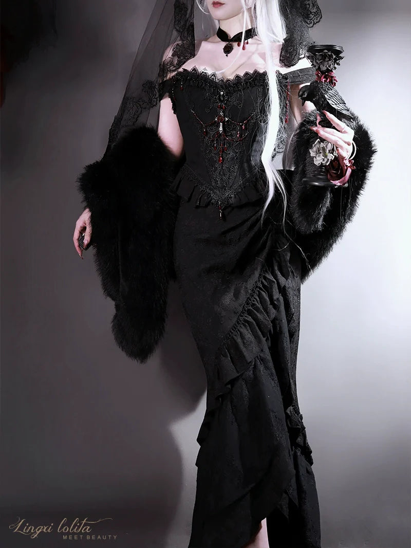 Lingxi Lolita~Lord of the Night~Gothic Lolita Skirt Suit Mermaid Skirt and Fishbone Bodice