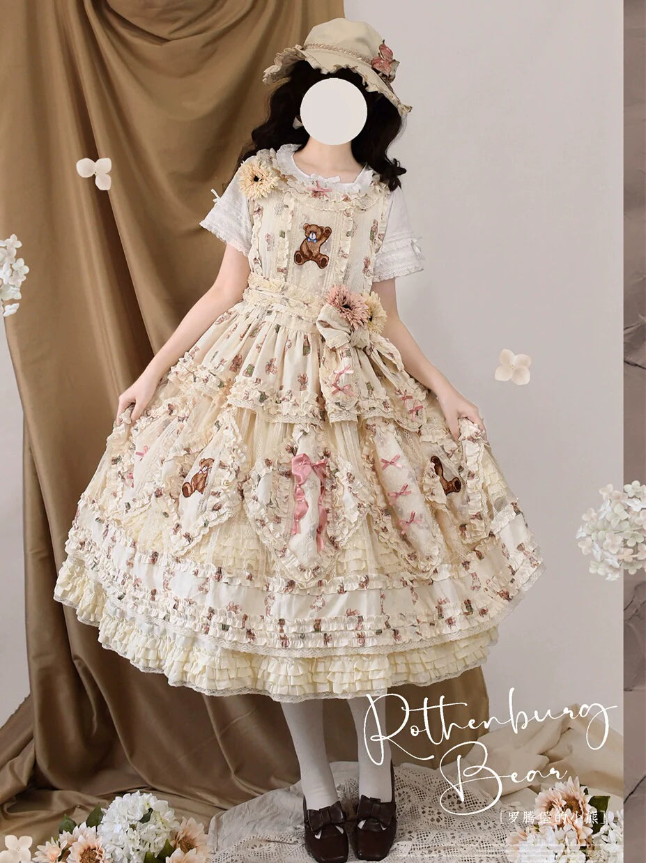 MONO GIRL~Rottengburg Bear~Sweet Lolita JSK Print Hollow-out Ruffles Dress