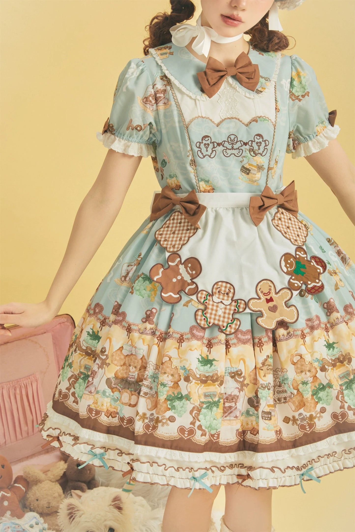 Babyblue~Little Bear Honey Jar~Kawaii Lolita Short Sleeve OP Gingerbread Man Embroidered Dress