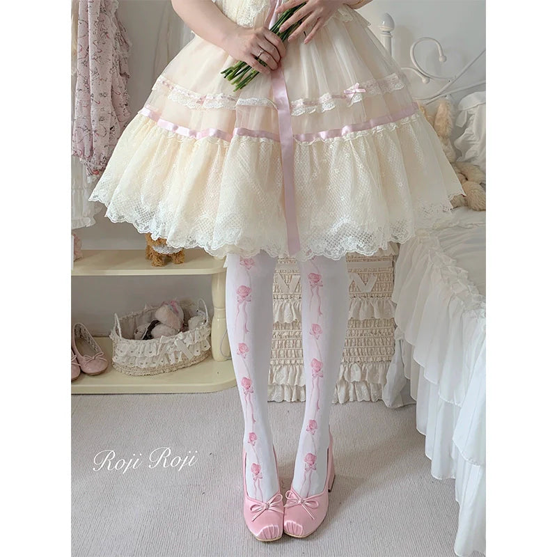 Roji Roji~Sweet Lolita Pantyhose Rose Printed Velvet Thigh Stockings