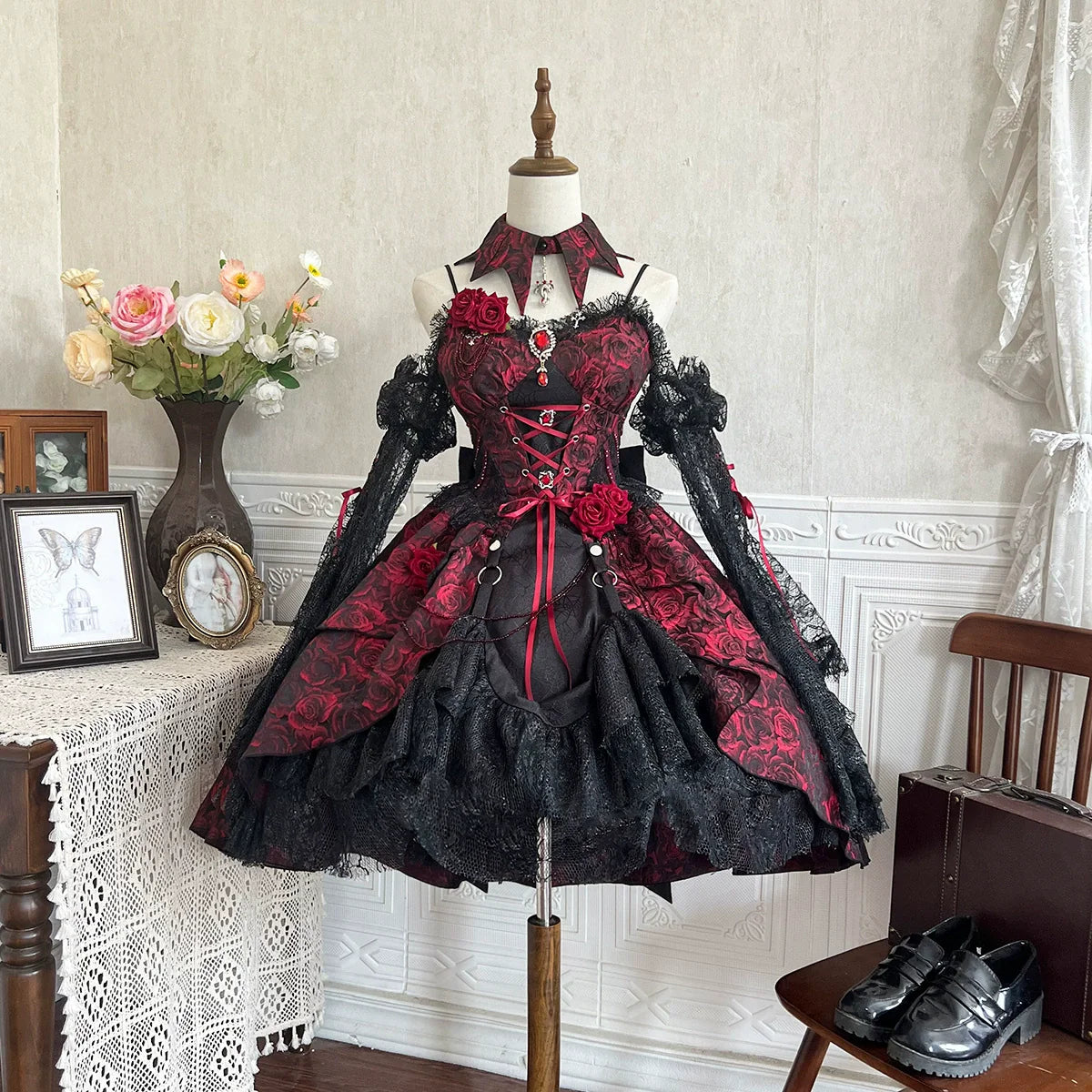 Cornfield Lolita~Rose Blood~Black Red Gothic Lolita JSK Jacquard Court Dress