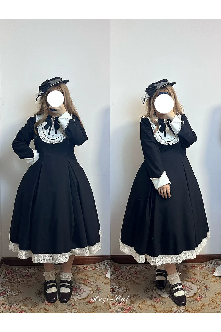 Hezi's Cat Haven~Black Cat Butler~Maid Lolita OP Dress Elegant Black and White Dress