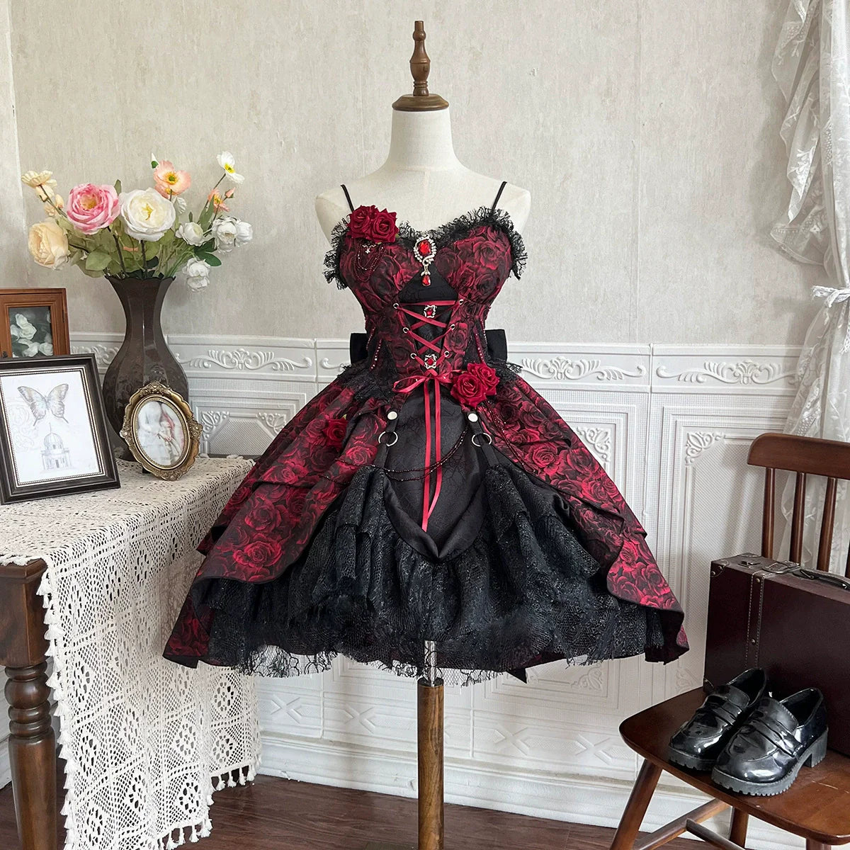 Cornfield Lolita~Rose Blood~Black Red Gothic Lolita JSK Jacquard Court Dress