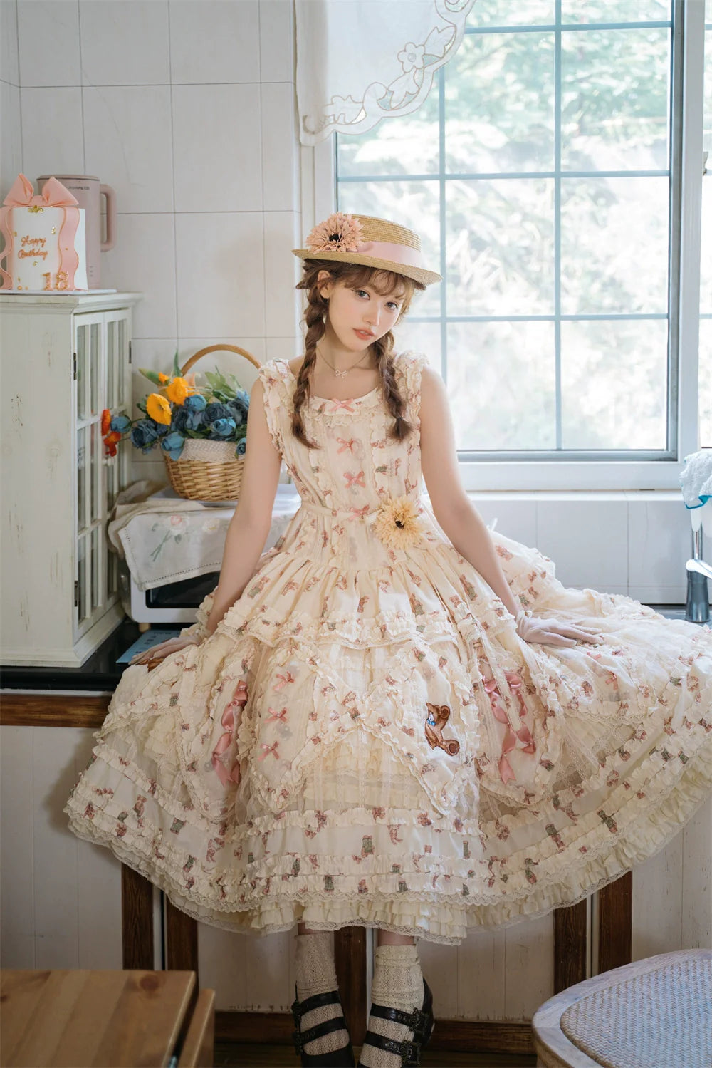 MONO GIRL~Rottengburg Bear~Sweet Lolita JSK Print Hollow-out Ruffles Dress