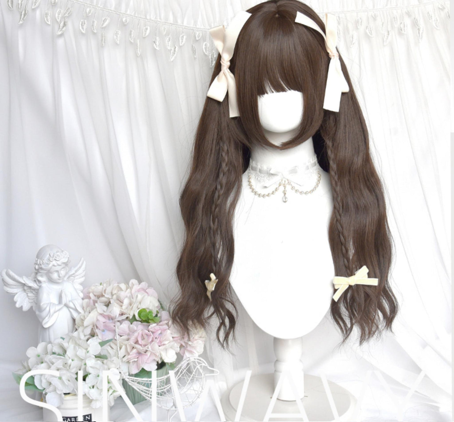 Sinwavy~Praying Meow~Kawaii Lolita Wig Long Curly Hair Wig Cold Brown