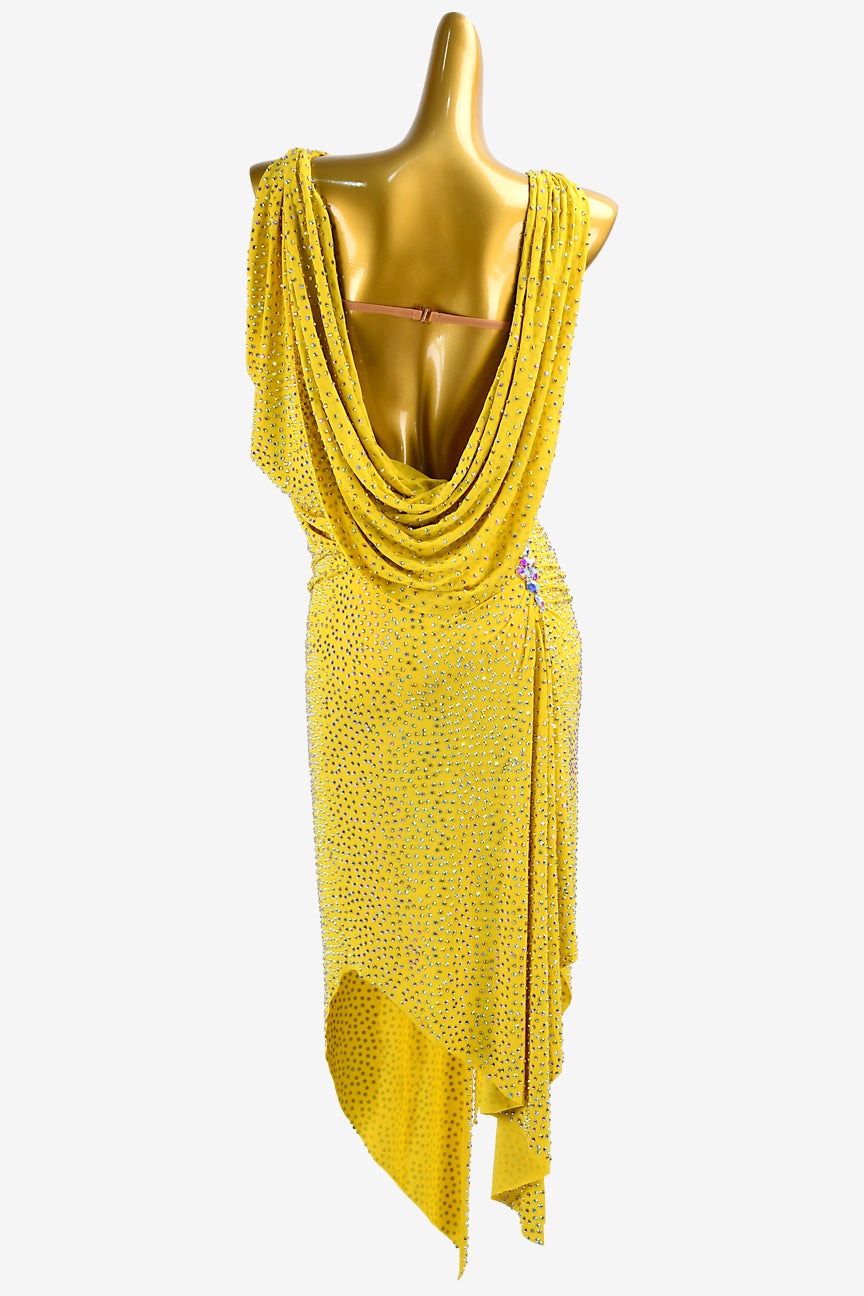Permino gold yellow lustre lycra Latin dress with fully crystals & white AB sew-on stones