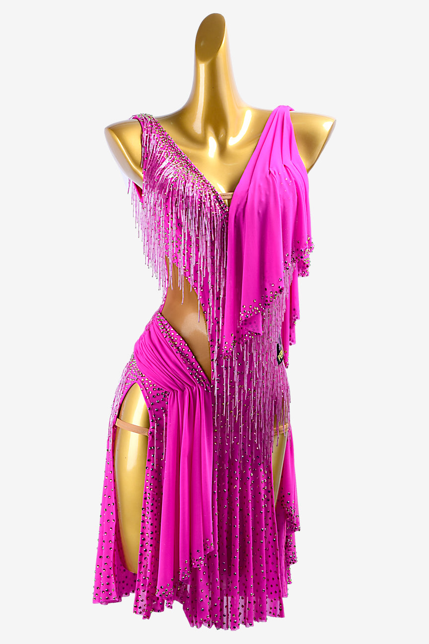 Permino magenta rose mesh draping & ruching Latin dress with beaded fringes, rhinestones
