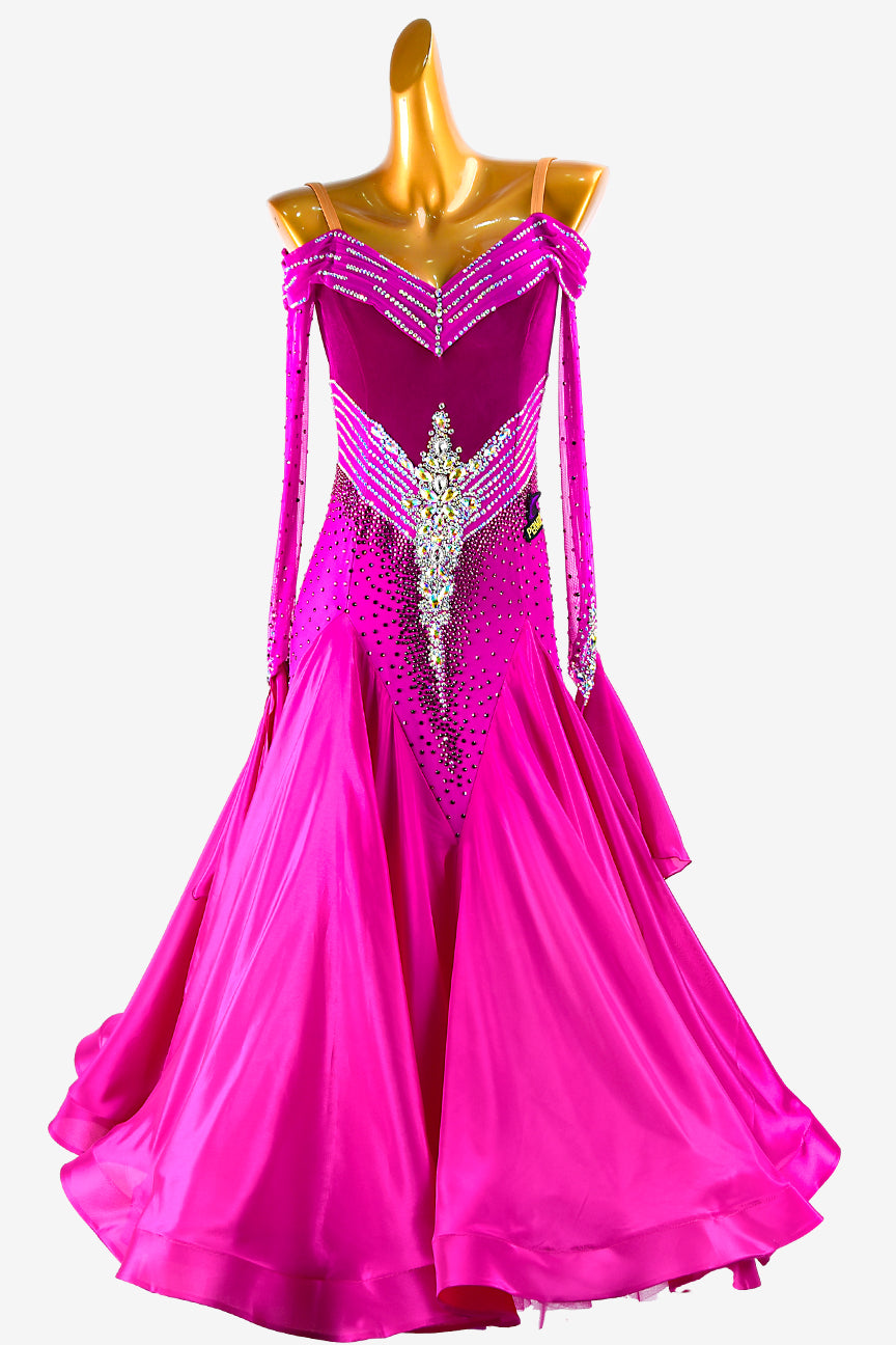 Permino dark magenta velvet and lycra splicing Ballroom dress with pearl chiffon underskirts, mesh sleeves, white  AB stones