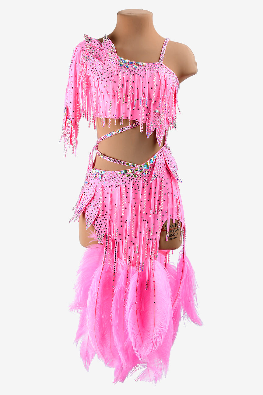 Permino pink lustre lycra Latin dress with stone fringes, feathers, AB crystals & sew-on stones