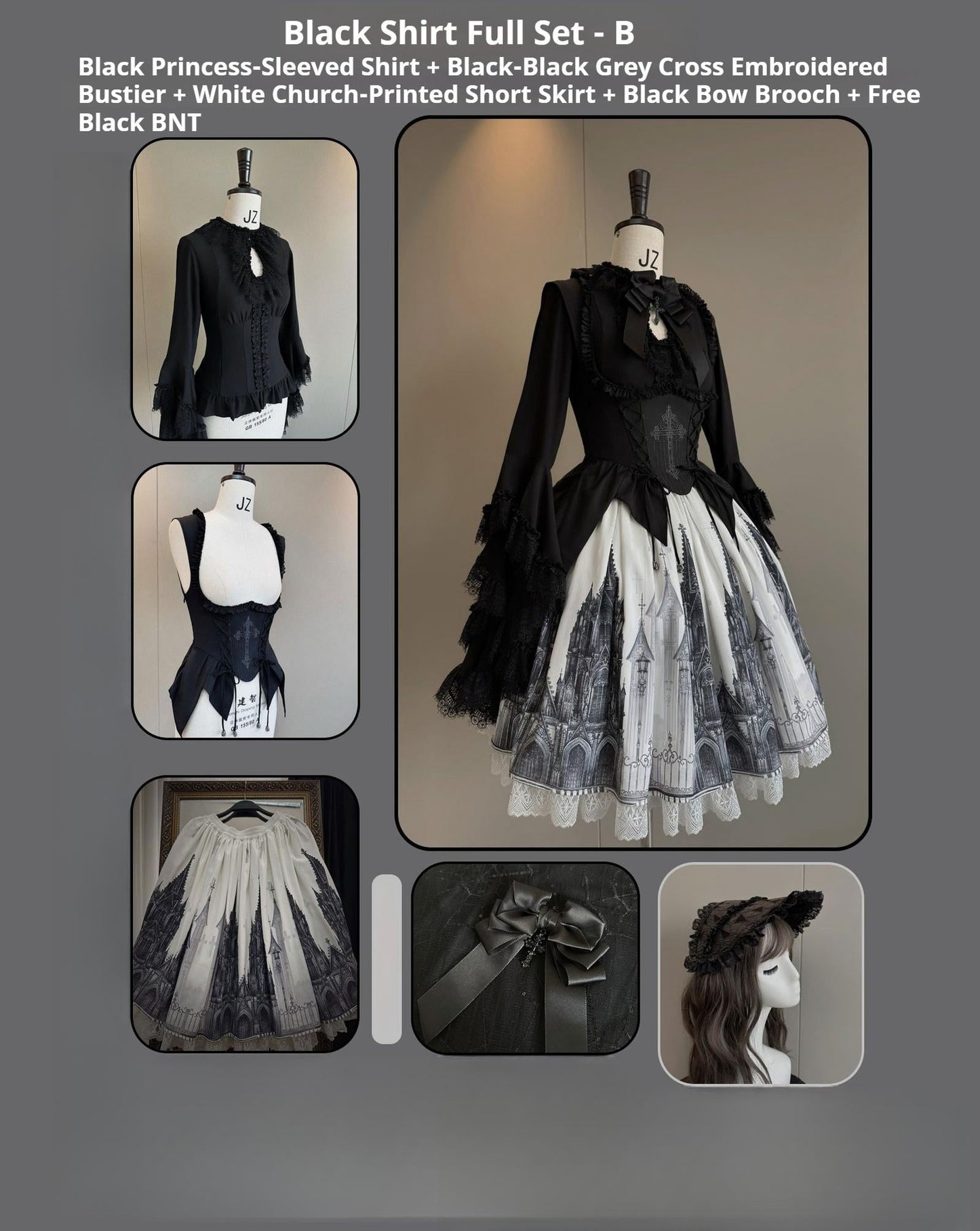 Susin Lolita~Night Traveler~Gothic Lolita Skirt Outfit Long Coat Shirt and Bustier Set