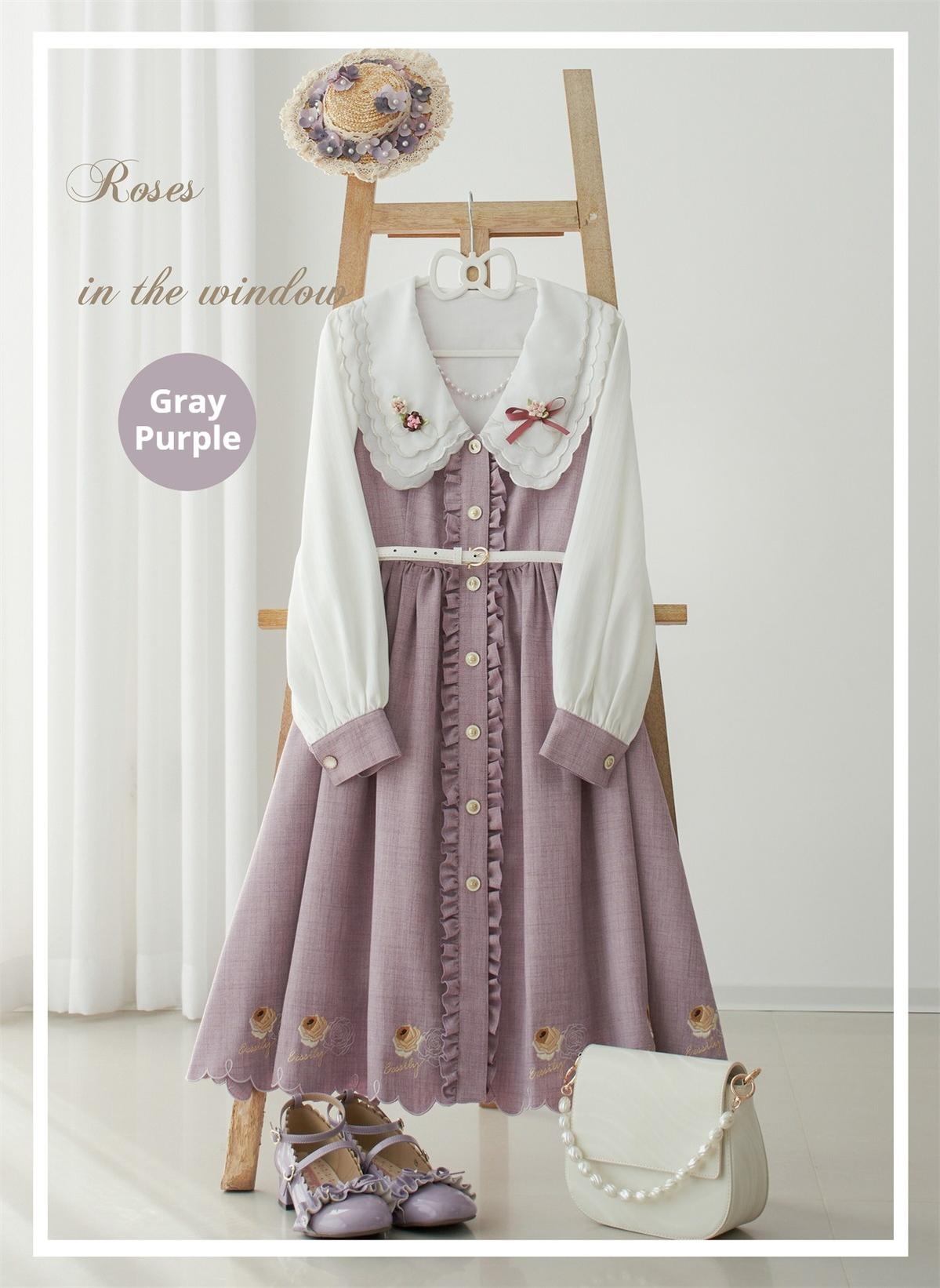 EESSILY~Window Rose~Classic Lolita OP Front Buttoned Embroidery Lolita Dress