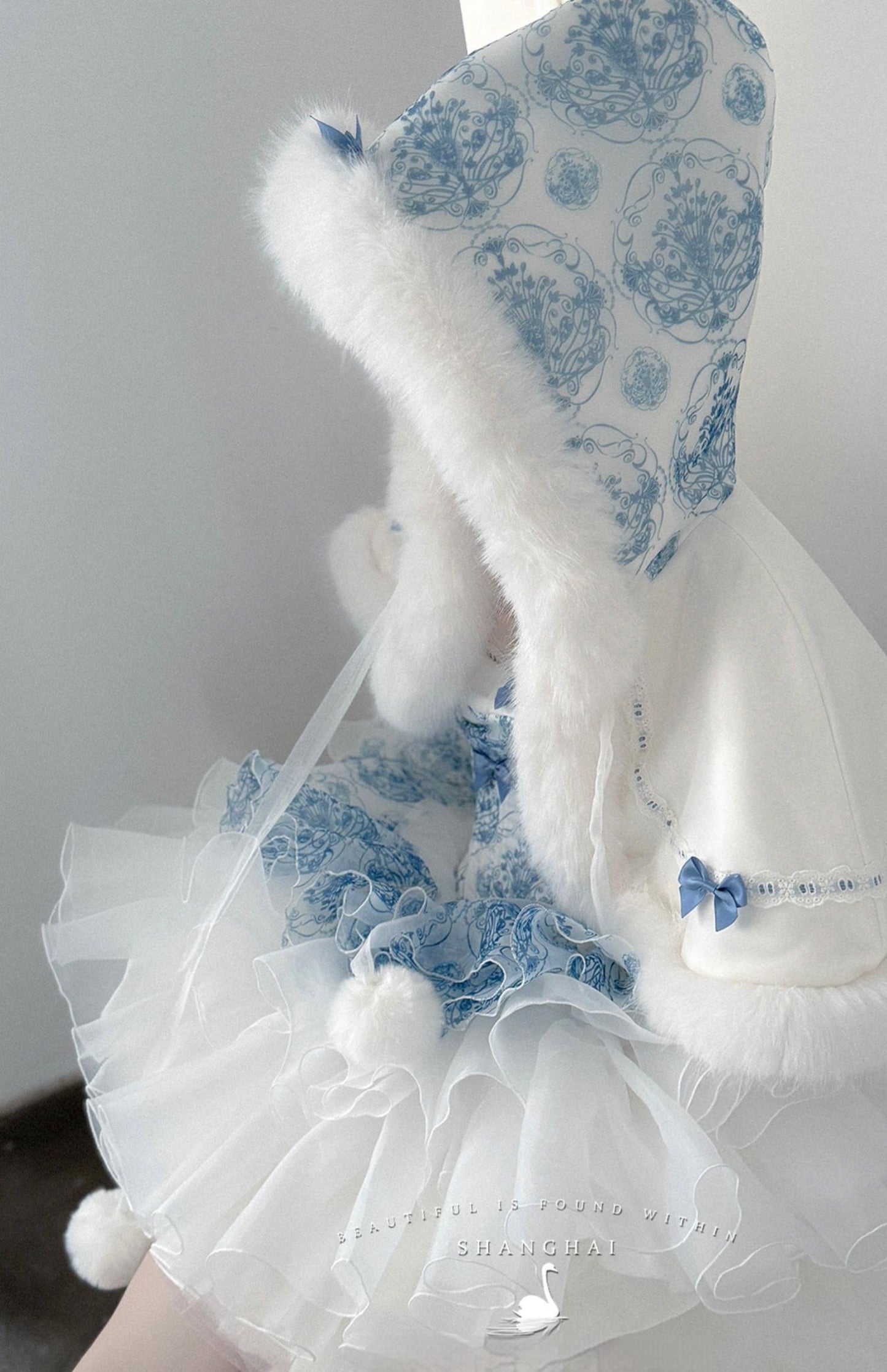 POSHEPOSE~Blue and White Porcelain~Princess Lolita JSK Dress Plush Cape