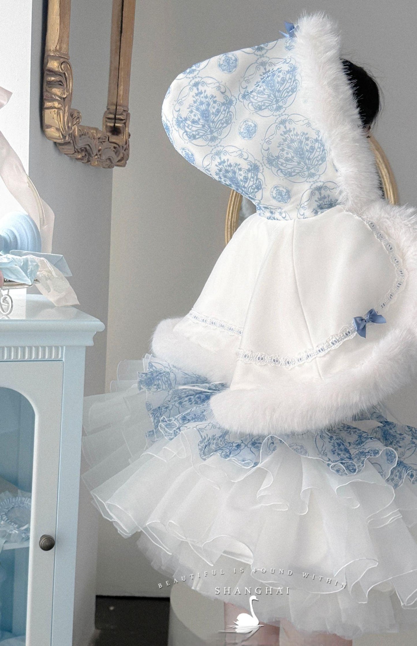 POSHEPOSE~Blue and White Porcelain~Princess Lolita JSK Dress Plush Cape