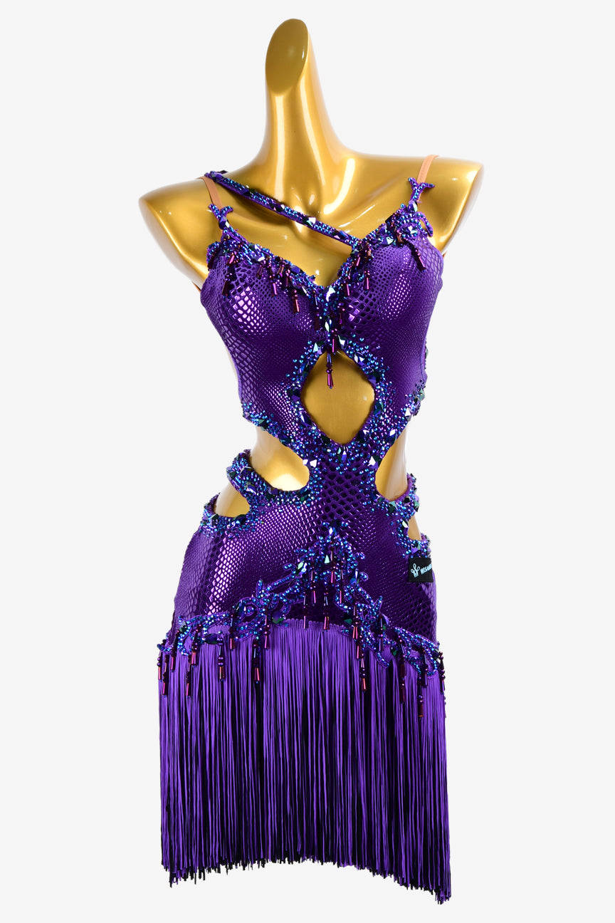 Permino purple backless python shine lycra latin dress with beadings, fringes, lace appliqués & rhinestones