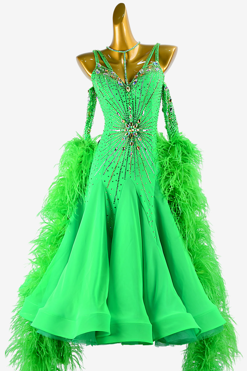 Permino mediunmspringgreen Standard dress with pearl chiffon underskirts, AB stone and feathers
