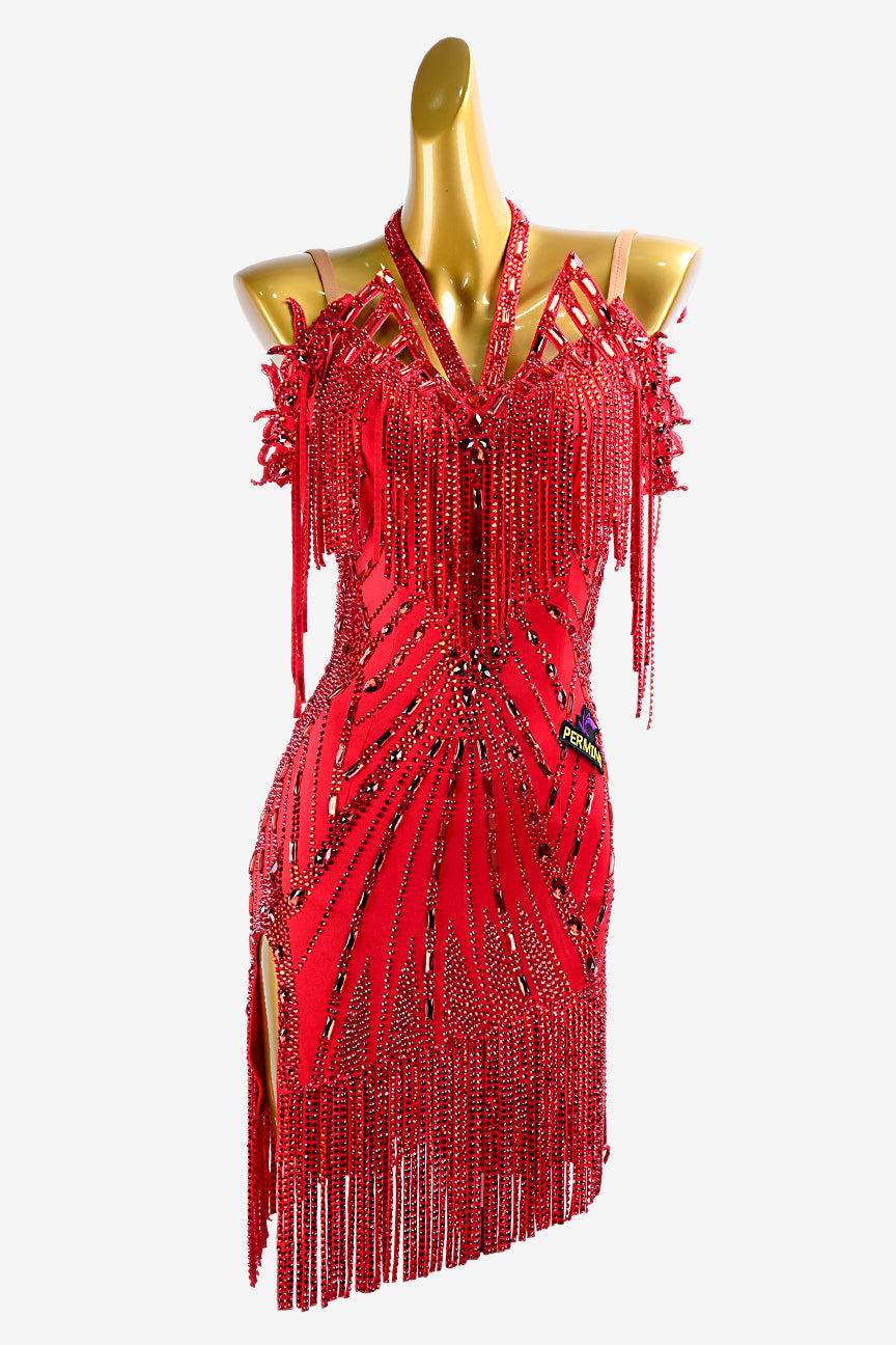Permino crimson matt lycra Latin dress with stone fringes, lace appliqués, sew-on stones & crystals