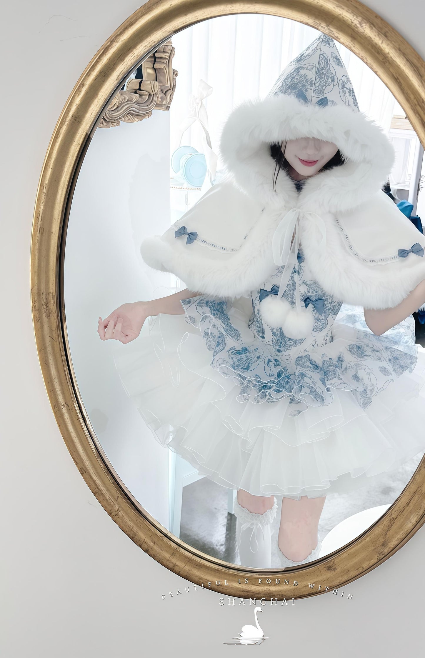 POSHEPOSE~Blue and White Porcelain~Princess Lolita JSK Dress Plush Cape