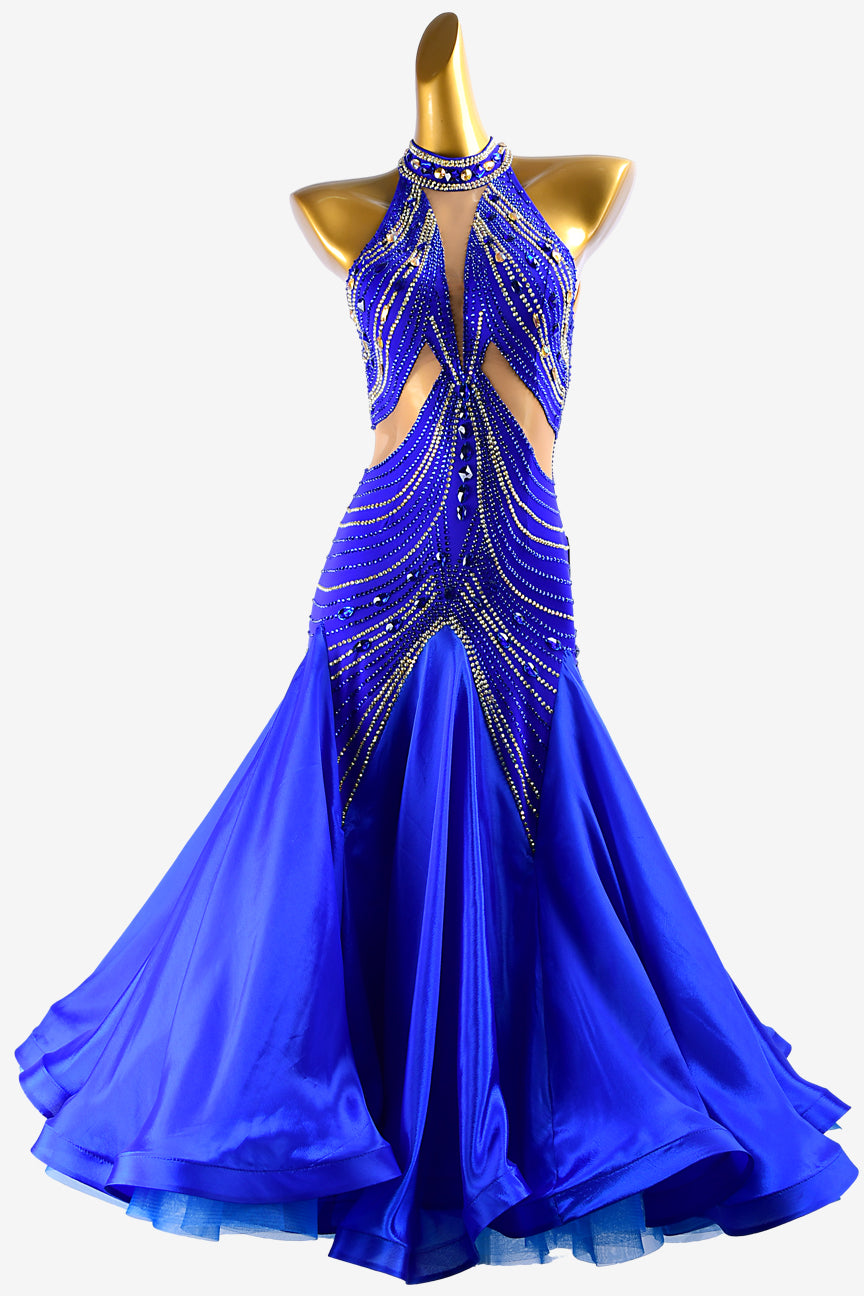 Permino international klein blue Standard dress with pearl chiffon underskirts, gold crystals & sew-on stones